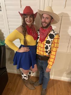 a man and woman dressed up as toy story characters, including woody the cowgirl