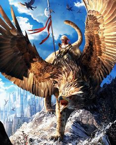 a man riding on the back of a giant bird next to a person holding a flag