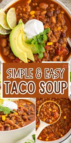 a collage of pictures showing different types of taco soup