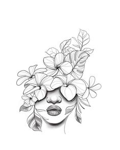 a drawing of a woman with flowers on her head