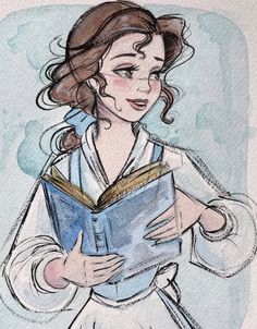 a watercolor and ink drawing of a woman in white dress holding a blue book