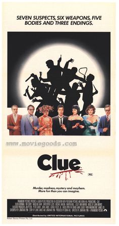 the movie poster for clue, which features several people in silhouettes and one is holding a