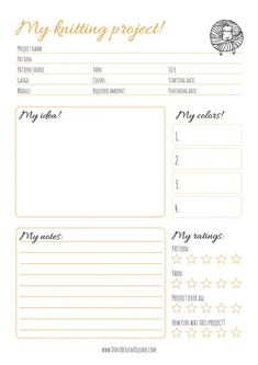 a printable project page with the words my knitting project written on it