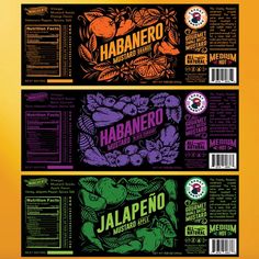 the label for jalapeno is shown in three different colors and sizes, including purple