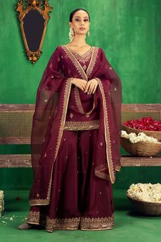 Buy Wine Chanderi Embroidery Dori Broad V Neck Kurta Sharara Set For Women by Jigar Mali Online at Aza Fashions. Broad V Neck, Simple Engagement Dress, V Neck Kurta, Indian Dress Up, Sharara Designs, Wine Colored Dresses, Desi Dress, Kurta Sharara Set, Kurta Sharara