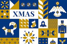 a blue and yellow pattern with the words xmas on it