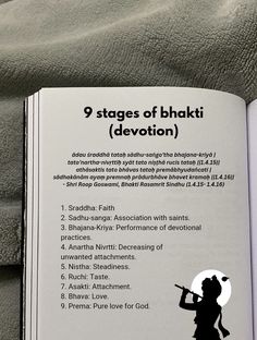 an open book with the title 9 stages of bhakti devtation written in black