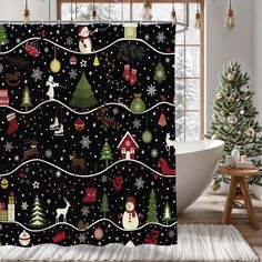 a christmas themed shower curtain in a bathroom