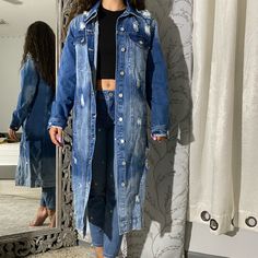 Fashion Nova Never Worn Trendy Blue Cardigan With Pockets, Casual Long Outerwear With Button Closure, Chic Denim Blue Button-up Outerwear, Denim Blue Winter Outerwear With Buttons, Winter Denim Blue Outerwear With Buttons, Oversized Long Blue Outerwear, Casual Long Blue Outerwear, Oversized Blue Outerwear For Fall, Long Spring Outerwear With Button Closure