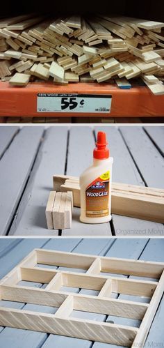 two pictures showing different types of wood and one has a bottle of glue on it