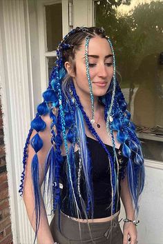 Very Long Festival Blue Rave Braids Rave Hair Color, Braid In Rave Hair, Braiding Hair Accessories, Blue Festival Braids, Blue Festival Hair, Synthetic Braids Festival, Festival Hair Braids Colorful, Rave Braids Festival Hair Extensions