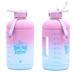 two pink and blue jugs with toothbrushes in them