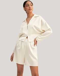 Silk Pullover Pajama Set, Soft and smooth on the skin, look no further to add a touch of luxury to your evening routine. Pajama Short Set, Pajama Short, Pajamas All Day, Silk Pajamas Women, Silk Bedding Set, Camisole Set, Striped Midi Skirt, Lily White, Neutral Style