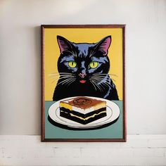 a painting of a black cat sitting next to a piece of cake on a plate