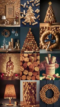 many different types of wine corks are arranged in this collage with lights and decorations