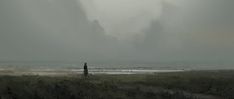 a person standing in the middle of a field on a foggy day with mountains in the background