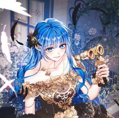 a woman with blue hair holding a pair of binoculars