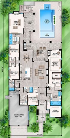 an aerial view of the floor plan for a house with swimming pool and hot tub