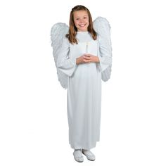 Angel Costume With Candle. This angel's gotten her wings and is ready to fly! Dress her in this pure white guardian angel costume for her school performance, church Christmas pageant or holiday party. The glow of her flameless candle perfectly matches her angelic spirit! Add your own twinkling halo to complete the look. Candle requires 1 "AA" battery, not included. Imported.Includes: Child's Polyester Large/XL Gown (fits sizes 10-14)  Marabou Feather Wings With Elastic Straps (feathers on both s Kids Angel Costume, Animal Costumes For Kids, Pixie Costume, Biblical Costumes, Nativity Costumes, School Performance, Toddler Girl Halloween, Christmas Pageant, Flapper Costume