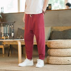 Men's Linen Pants Trousers Summer Pants Beach Pants Drawstring Elastic Waist Plain Comfort Outdoor Daily Holiday Linen / Cotton Blend Fashion Casual Black Wine Inelastic Red Non-stretch Casual Harem Pants, Leisure Red Bottoms With Pockets, Casual Red Pants For Leisure, Elastic Waistband Harem Pants For Leisure, Casual Red Harem Pants For Loungewear, Cotton Harem Pants For Leisure, Red Casual Harem Pants For Loungewear, Casual Baggy Yoga Trousers, Casual Cotton Yoga Pants With Tapered Leg