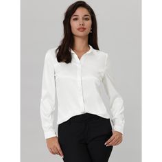 Keep your look professional and stylish in this satin shirt from Hobemty. This satin shirt can be a perfect addition to almost any outfit from formal to daily wear, great for work, meetings, office, work, casual, daily dressing, etc. Pair it with pencil skirts or suit pants for an elegant office look. Comfortable and versatile, this satin shirt can be perfect on its own or as a layer under a blazer. Elegant Long Sleeve Shirt With Back Button Closure, Smart Solid Color Office Shirt, Smart Office Shirt, Elegant Business Casual Blouse With Back Button Closure, Professional Formal Tops With Button Closure, Elegant Office Blouse With Back Button Closure, Fitted Professional Business Blouse, Professional Tops With Button Closure For Formal Occasions, Elegant Satin Tops For Workwear