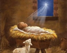 a painting of a baby jesus in a manger with two lambs looking at him