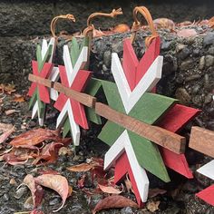 several wooden crosses are lined up on the ground with leaves around them and one is painted red, white and green