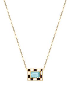 A center topaz stone radiates color and shine from this rectangular pendant necklace in an enamel chess board-inspired frame. 3/8"W x 1/4"L pendant 14k gold/topaz/enamel Made in the UK Monopoly Necklace, Gold Topaz, Bold Stripes, Topaz Stone, Chess Board, Turquoise Stone, Chess, Blue Gold, Turquoise Ring