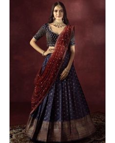 Zari Gold Blue With Maroon Combined Worked South Indian Special Occasion Lehenga Half Saree Shop Now at www.shivtraa.in @shivtraa.in #halfsaree #saree #lehenga #sareelove #sarees #halfsarees #pattusaree #halfsareelove #sareesofinstagram #fashion #partywear #traditional #blouse #sareeblouse #ethnicwear #lehengacholi #sareelovers #sareedraping #sareenavel #pattu #lehanga #hotsaree #pattupavadai #pattulehenga #bride #dupatta #pattusarees #sareefashion #puresilk #indianbride Dhavani Set, Silk Half Saree, Indian Wedding Sari, Half Saree Lehenga, Saree Lehenga, Half Saree Designs, Indian Bridal Dress, Silk Saree Blouse