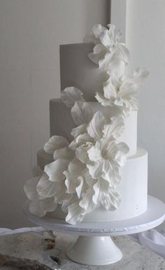 a three tiered cake with white flowers on top