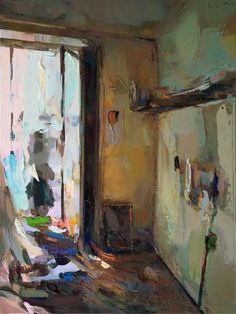 an oil painting of a room with open doors