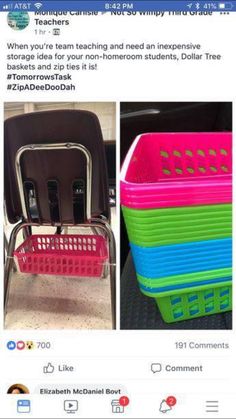 two different colored plastic baskets sitting on top of each other in front of a black chair