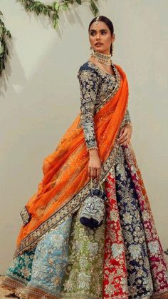 Multicolored Bridal Lehenga, Multicolored Lehenga, Mehendi Bridal, Traditional Wardrobe, Outfit Traditional, Heavy Lehenga, Choli Dress, Latest Bridal Lehenga, Indian Bride Outfits