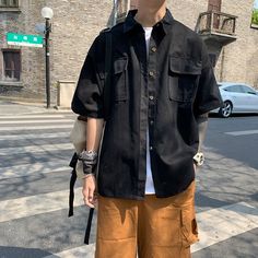 Wiaofellas - Summer Half leeve Cargo Men Shirts Japanese Ins Casual Blouse Trendy Y2K Chic Loose Shirts Biker Motor Big Size Loose Streetwear ◆M Length:70cm Bust:60cm Sleeve:18cm Shoulder:60cm◆L Length:72cm Bust:62cm Sleeve:19cm Shoulder:62cm◆XL Length:72cm Bust:64cm Sleeve:20cm Shoulder:64cm◆XXL Length:76cm Bust:66cm Sleeve:21cm Shoulder:66cm ◆Size Issue: All measurement in cm and please note 1cm=0.39inch,1 inch=2.54cm, due to the manual measurement, please allow 1-3cm difference. ◆The Size is Black Tops With Pockets And Casual Collar, Urban Black Button-up Top, Casual Ulzzang, Collar Shirt Men, Male Clothing, Summer Soft, Cargo Shirts, Safari Style, Summer Outfits Men