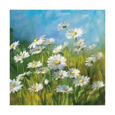 a painting of white daisies on a blue background