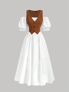 Multicolor Elegante Collar manga corta Tela tricotada Color combinado A línea Embellished No-Elástico Dress With T Shirt Under, 1800s Dresses Casual, Milkmaid Dress Outfit, Western Dress Outfits, 1910s Dress, 1800s Dresses, Concert Dresses, Vintage Long Dress, Bachelorette Outfits