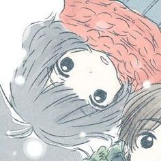 two anime characters are looking at something in the distance with snow falling on them and behind them