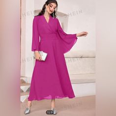 Shein Modely Shawl Neck Flounce Sleeve Shirred Waist Dress Coral Pink Dress, Shirred Waist Dress, White Lace Midi Dress, Strapless Summer Dress, Shawl Neck, Scarlett Dresses, One Shoulder Midi Dress, Resort Dresses, Belted Midi Dress