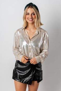 Metallic button up top champagne - Trendy Holiday Apparel at Lush Fashion Lounge Boutique in Oklahoma City Satin Clothes, Satin Button Up, Editorial Board, Holiday Apparel, Carpet Looks, Shiny Clothes, Satin Blouses, Mini Skater Dress, Detailed Sweater