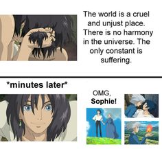 anime memes with captions about the main characters in their respective roles and how they describe them