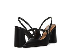 Steve Madden Maegan - High Heels : Black Leather : Make a statement with every step you take in these classy Steve Madden Maegan slingback sandals. These Mary Jane pumps with block heels and pointed closed toe silhouette are crafted from leather upper. Synthetic rubber lining and insole. Top strap with buckle closure. Synthetic rubber outsole. Imported. Measurements: Heel Height: 3 1 2 in Weight: 10 oz Product measurements were taken using size 7, width M. Please note that measurements may vary by size. Trendy Slingback Pumps With 4-inch Heel, Pointed Toe Sandals With Stacked Heel, Medium Width, Pointed Toe Sandals With Stacked Heel In Medium Width, Sandals With Stacked Heel And Pointed Toe, Medium Width Sandals With Stacked Heel And Pointed Toe, Synthetic Slingback Pumps With Stacked High Heel, Synthetic Block Heel Slingback Pumps, Synthetic Ankle Strap Slingback Pumps With Stacked Heel, Trendy Sandals With Heel Strap And Pointed Toe