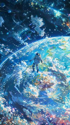 an astronaut floating in the middle of space surrounded by stars and other things around him