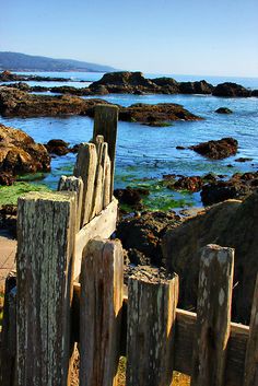 a wooden fence sitting next to the ocean