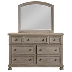 a dresser with a mirror on it and drawers in the bottom drawer, along with a white background