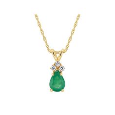 Decorated with a captivating emerald center stone and diamond accents, this 14k gold teardrop pendant beautifully enhances your look.Click on this JEWELRY & WATCHES GUIDE to learn about fit, styles, materials and more! Pendant size: 1/2"L x 1/4"W Chain length: 18 in. Chain type: rope Clasp: spring-ring Metal: 14k gold Finish: polished Packaging: boxedSTONE DETAILS Stone type: emerald Total weight: 3/4 ct. Center stone size: 7 mm x 5 mm Shape: pear Setting: prongDIAMOND DETAILS Shape: round brill Teardrop Emerald And Diamond Necklace, Teardrop Diamond Emerald Necklace For Anniversary, Teardrop Emerald Necklace With Diamond For Anniversary, Teardrop Emerald Necklace With Diamond, Classic Pear-shaped Green Emerald Necklace, Classic Green Pear-shaped Emerald Necklace, Fine Jewelry Emerald Teardrop Necklace For Anniversary, Fine Jewelry Teardrop Emerald Necklace For Anniversary, Teardrop Emerald Necklace For May Birthstone Occasions