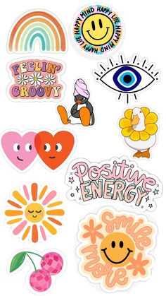 various stickers that say feelings and have eyes, hearts, flowers, sun, rainbows