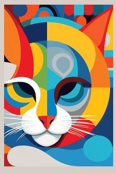 a colorful cat is shown in this art print