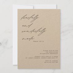 a wedding card with the words happily and wonderful written in cursive writing on it