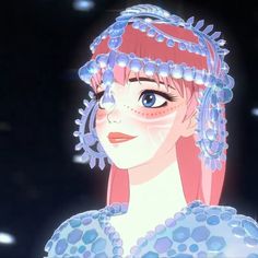 an anime character with pink hair and blue eyes, wearing a tiara on her head