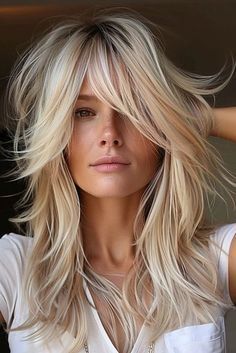 Long Layered Hair With Middle Part, Long Length Shag Haircuts With Bangs, Middle Part Hairstyles Curtain Bangs, Heavy Baylage Blonde, Long Parted Bangs, Long Hair With Chunky Layers, Medium Length Hair Long Bangs, Blonde Medium Hair With Bangs, Face Framed Bangs